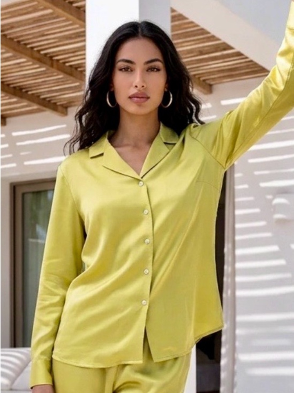 100% Silk Woman’s Relaxed Button-Front Top in Chartreuse - Size 8